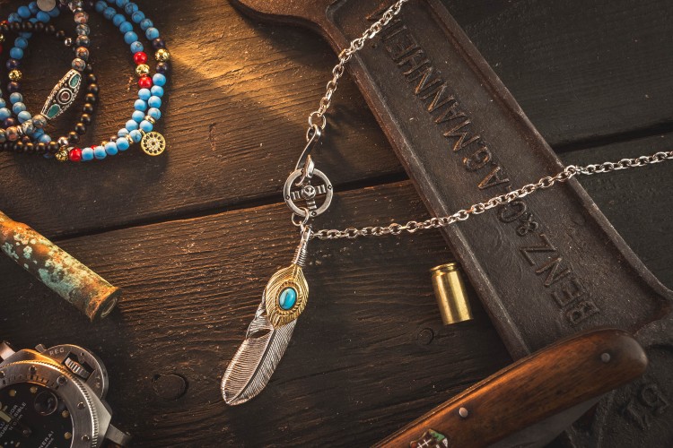 Oleigh - Stainless Steel Men's Necklace with golden Eagle Feather Pendant from STRAPSANDBRACELETS