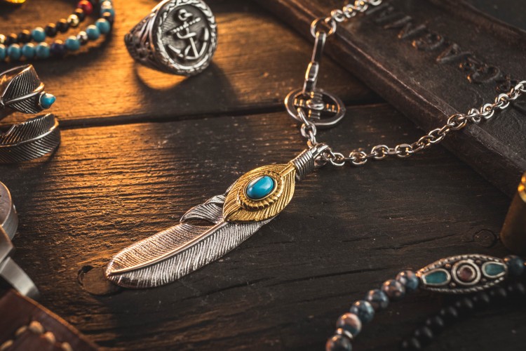 Oleigh - Stainless Steel Men's Necklace with golden Eagle Feather Pendant from STRAPSANDBRACELETS