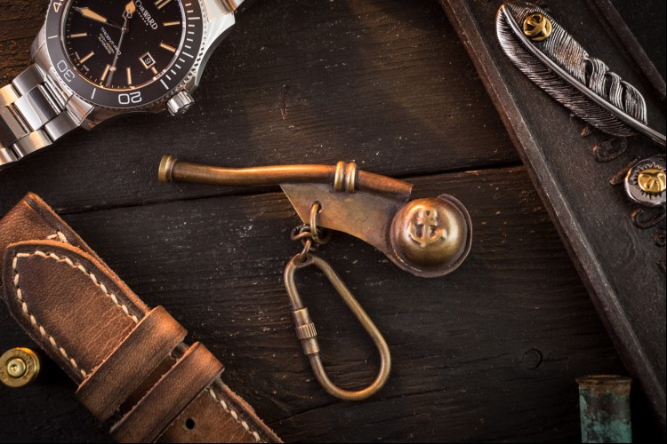 Brass Mini Nautical Bosun's Call Whistle Keychain