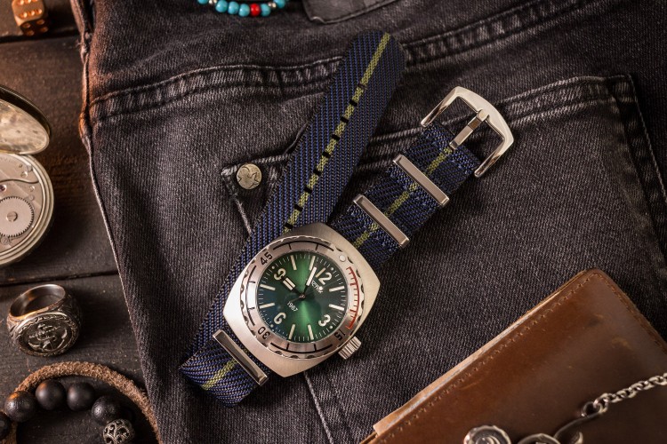 Dark Blue And Green Premium Twill Slip Through Nato Watch Strap (20 & 22mm) from STRAPSANDBRACELETS