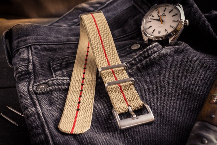 Beige and Red Elastic Material Slip Through Nato Watch Strap (20 & 22mm) from STRAPSANDBRACELETS