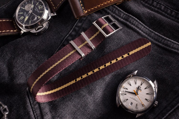 Dark Red "Burgundy" Adjustable Single Pass Slip Through Watch Strap with Embossed Beige Stripe (20 & 22mm) from STRAPSANDBRACELETS
