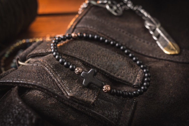 Baraxeon   - 4mm - Matte Black Onyx & Bronze Beaded Stretchy Bracelet with Black Cross from STRAPSANDBRACELETS