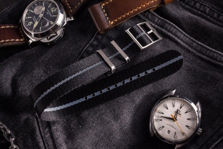Black Adjustable Single Pass Slip Through Watch Strap with Embossed Grey Stripe (20 & 22mm)