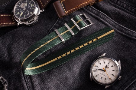 Green Adjustable Single Pass Slip Through Watch Strap with Embossed Beige Stripe (20 & 22mm)