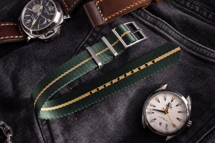 Green Adjustable Single Pass Slip Through Watch Strap with Embossed Beige Stripe (20 & 22mm) from STRAPSANDBRACELETS