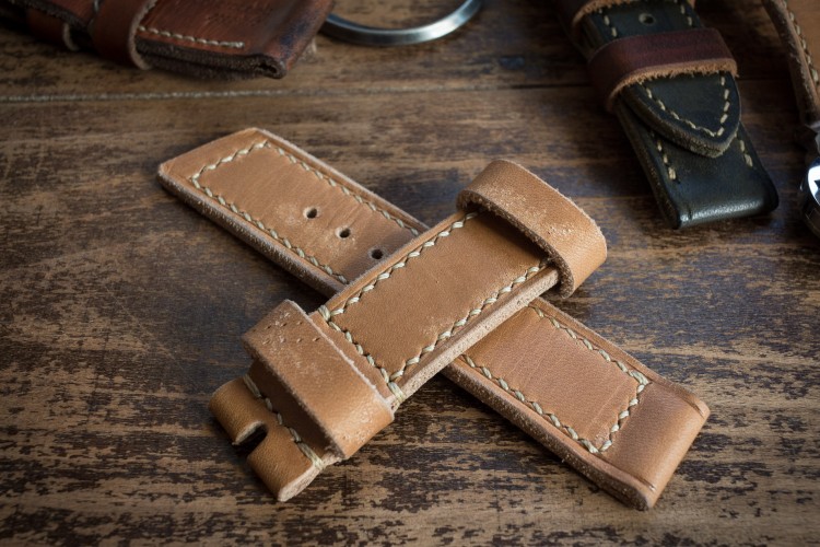 Distressed Handmade 24/24mm Light Chestnut Brown Leather Watch Strap With Beige Stitching from STRAPSANDBRACELETS