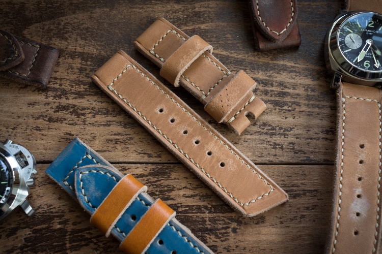 Distressed Handmade 24/24mm Light Chestnut Brown Leather Watch Strap With Beige Stitching from STRAPSANDBRACELETS
