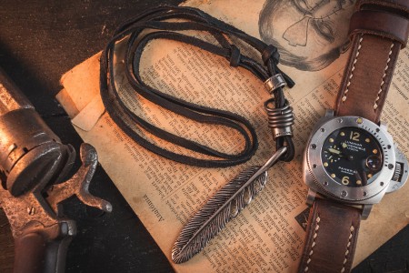 Lucagus - Black Genuine Leather Men's Necklace With Large Feather And Ring Pendants