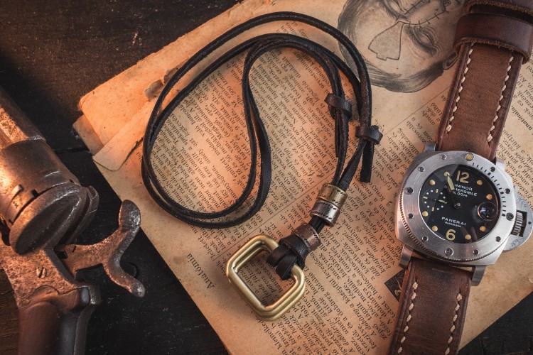Ilenick - Black Genuine Leather Men's Necklace With Brass Rectangle Pendants And Rings from STRAPSANDBRACELETS