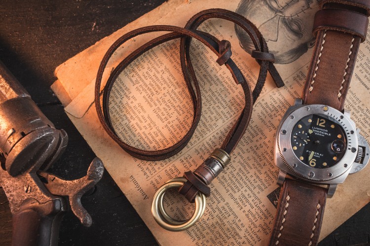 Hereroy - Brown Genuine Leather Men's Necklace With Brass Ring Pendants And Rings from STRAPSANDBRACELETS