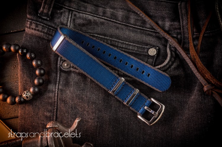 Dark Blue And Light Gray Premium Seat Belt Slip Thru Nato Watch Strap (20 & 22mm) from STRAPSANDBRACELETS