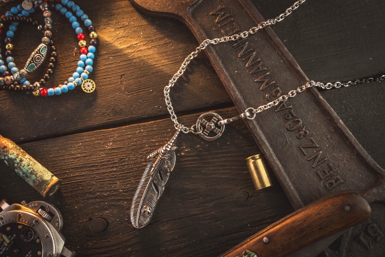 Razele - Stainless Steel Men's Necklace With Antiqued Eagle Feather Pendant from STRAPSANDBRACELETS
