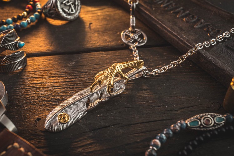 Nanneif  - Stainless Steel Men's Necklace With Golden Eagle Feather Pendant from STRAPSANDBRACELETS
