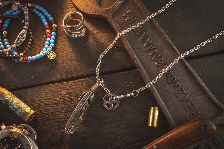 Ruslrus - Stainless Steel Men's Necklace With Antiqued Eagle Feather Pendant from STRAPSANDBRACELETS