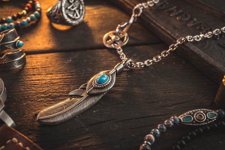 Ruslrus - Stainless Steel Men's Necklace With Antiqued Eagle Feather Pendant from STRAPSANDBRACELETS