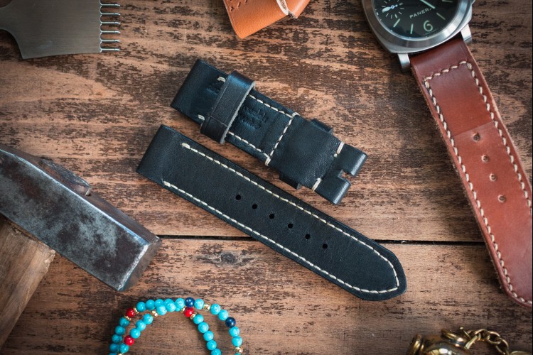 Handmade 24/24mm extra soft black leather strap 127/80mm with Beige Stitching from STRAPSANDBRACELETS