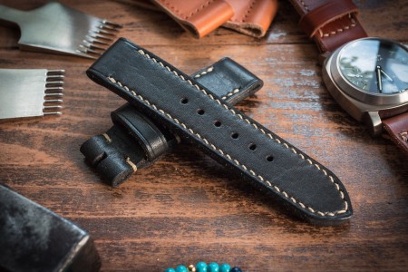 Handmade 24/24mm extra soft black leather strap 127/80mm with Beige Stitching