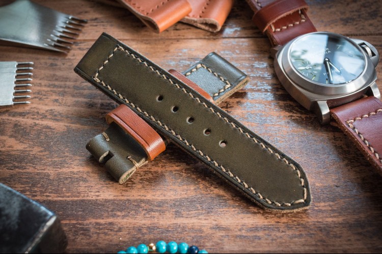 Antiqued Handmade 24/24mm Military Green Leather Strap 127/85mm with Beige Stitching from STRAPSANDBRACELETS