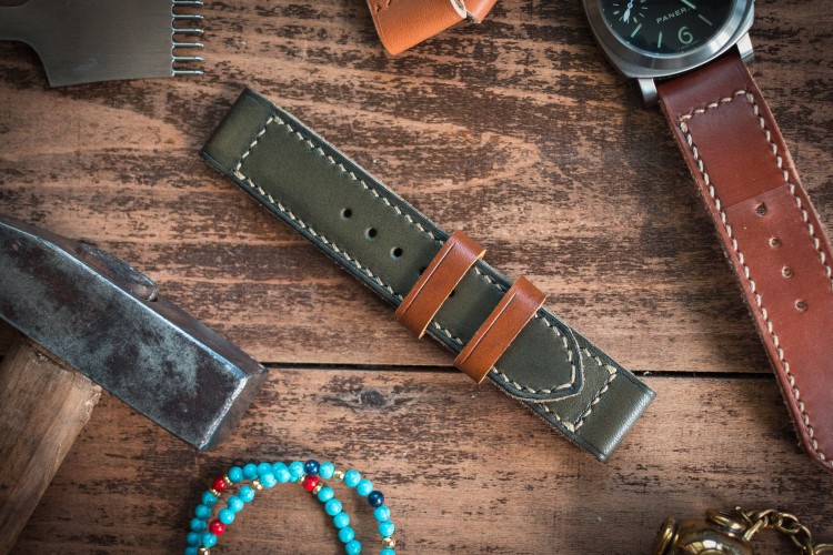 Antiqued Handmade 24/24mm Military Green Leather Strap 127/85mm with Beige Stitching from STRAPSANDBRACELETS