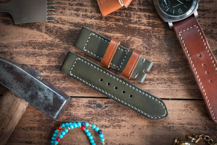 Antiqued Handmade 24/24mm Military Green Leather Strap 127/85mm with Beige Stitching from STRAPSANDBRACELETS