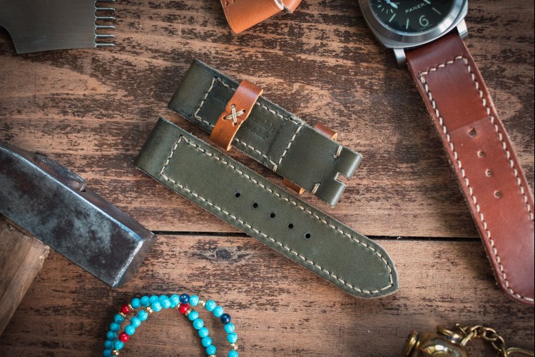Antiqued Handmade 24/24mm Military Green Leather Strap 127/85mm with Beige Stitching from STRAPSANDBRACELETS