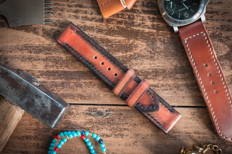 Antiqued Handmade 24/24mm Reddish Amber Leather Strap 125/72mm from STRAPSANDBRACELETS
