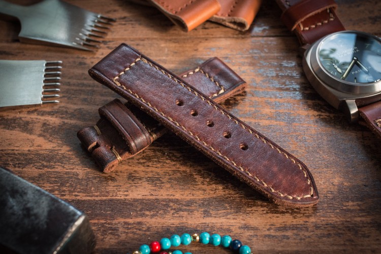 Distressed Handmade 24/24mm Antiqued Reddish Brown Leather Strap 120/84mm with Beige Contrast Stitching from STRAPSANDBRACELETS