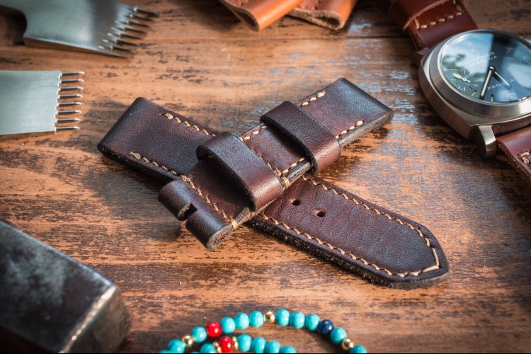 Handmade 24/24mm Antiqued Dark Brown Leather Strap 125/86mm with Beige Stitching from STRAPSANDBRACELETS