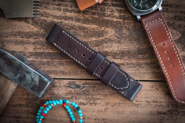 Handmade 24/24mm Antiqued Dark Brown Leather Strap 125/86mm with Beige Stitching from STRAPSANDBRACELETS