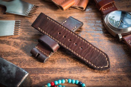 Handmade 24/24mm Antiqued Dark Brown Leather Strap 125/86mm with Beige Stitching