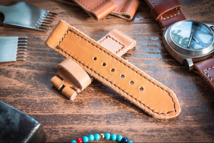 Handmade 24/24mm Chestnut Brown Leather Strap 125/82mm with Contrast Brown Stitching from STRAPSANDBRACELETS