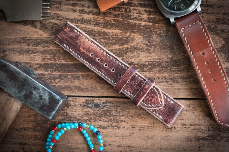 Distressed Handmade 24/24mm Dark Brown Leather Watch Strap 130/85mm with Beige Stitching from STRAPSANDBRACELETS