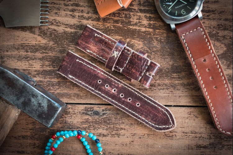 Distressed Handmade 24/24mm Dark Brown Leather Watch Strap 130/85mm with Beige Stitching from STRAPSANDBRACELETS