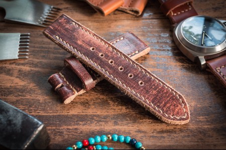Distressed Handmade 24/24mm Dark Brown Leather Watch Strap 130/85mm with Beige Stitching