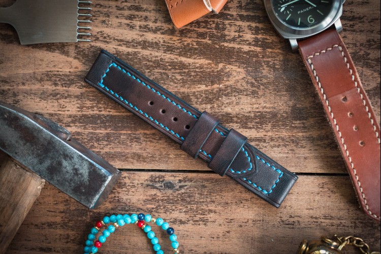 Handmade 22/22mm Antiqued Dark Brown Leather Watch Strap 122/86mm with Blue Stitching from STRAPSANDBRACELETS