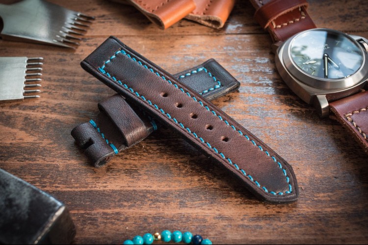 Handmade 22/22mm Antiqued Dark Brown Leather Watch Strap 122/86mm with Blue Stitching from STRAPSANDBRACELETS