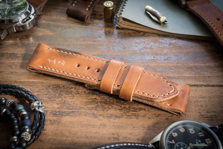 Distressed Handmade 24/24mm Light Tan Leather Strap 125/78mm with Beige Stitching from STRAPSANDBRACELETS