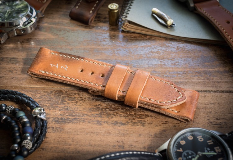 Distressed Handmade 24/24mm Light Tan Leather Strap 125/78mm with Beige Stitching from STRAPSANDBRACELETS