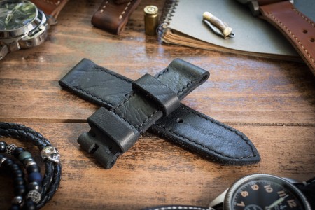 Handmade 24/24mm Black Leather Strap 127/80mm With Black Stitching
