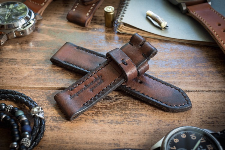 Antiqued Handmade 24/24mm Dark Brown Leather Strap 124/85mm with Black Stitching from STRAPSANDBRACELETS