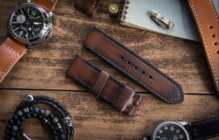 Antiqued Handmade 24/24mm Dark Brown Leather Strap 124/85mm with Black Stitching from STRAPSANDBRACELETS