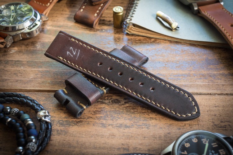 Antiqued Handmade 24/24mm Dark Brown Leather Strap 129/80mm with Beige Stitching from STRAPSANDBRACELETS