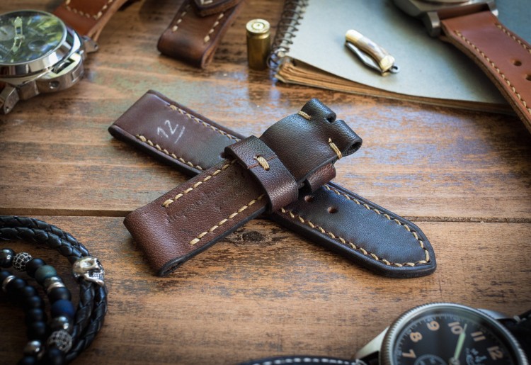Antiqued Handmade 24/24mm Dark Brown Leather Strap 129/80mm with Beige Stitching from STRAPSANDBRACELETS