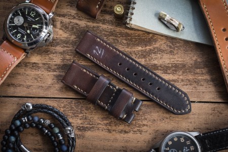 Antiqued Handmade 24/24mm Dark Brown Leather Strap 129/80mm with Beige Stitching