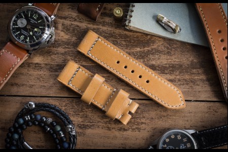Rustic Handmade 24/24mm Yellow Brown Leather Strap 126/85mm with Ivory Stitching
