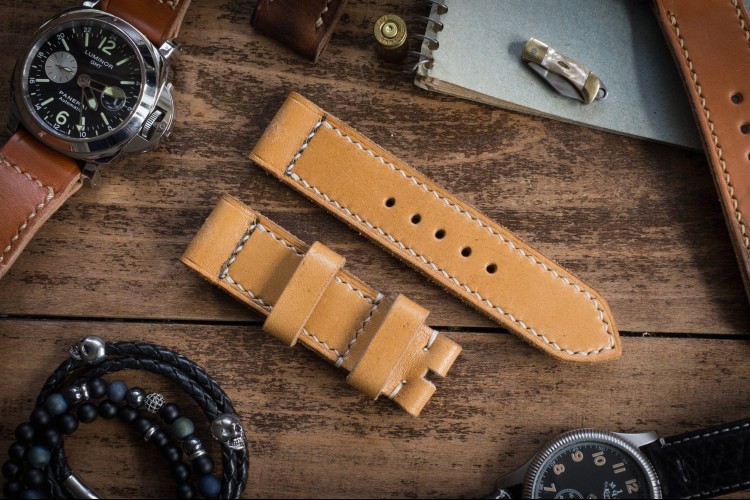 Rustic Handmade 24/24mm Yellow Brown Leather Strap 126/85mm with Ivory Stitching from STRAPSANDBRACELETS