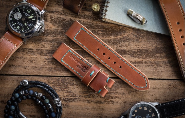 Antiqued Handmade 22/22mm Reddish Brown Leather Strap 125/85mm with Blue Stitching from STRAPSANDBRACELETS