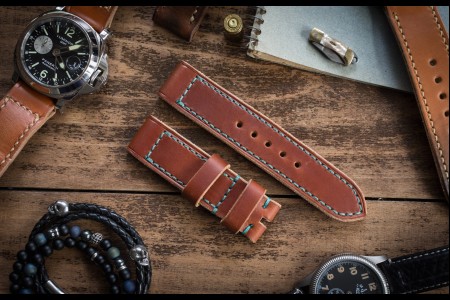 Antiqued Handmade 22/22mm Reddish Brown Leather Strap 125/85mm with Blue Stitching