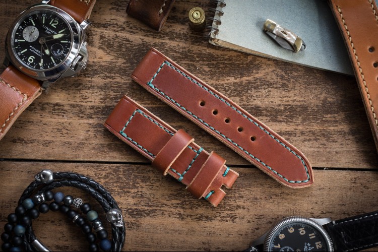 Antiqued Handmade 22/22mm Reddish Brown Leather Strap 125/85mm with Blue Stitching from STRAPSANDBRACELETS